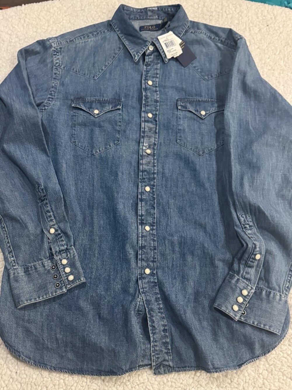 NWT Polo Ralph Lauren Denim Western Pearl Snap Shirt Classic Fit Size XL Blue